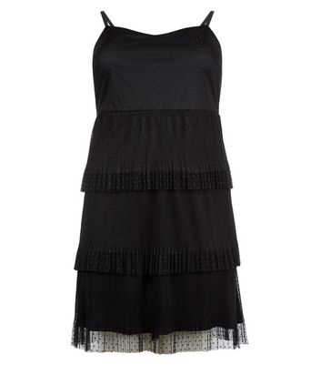 Curves Black Pleated Spot Mesh Tiered Dress New Look
