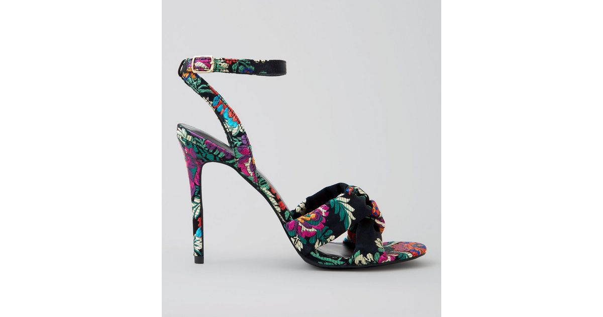 Black Floral Brocade Knot Strap Heeled Sandals New Look