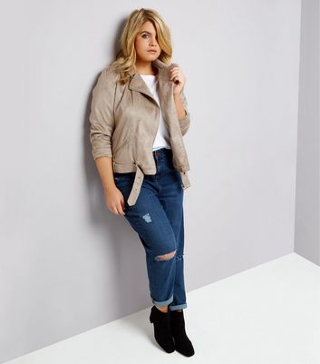 Curves Stone Suedette Biker Jacket New Look