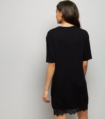 Black Enchanted Rock Print Lace Hem T-Shirt Dress New Look