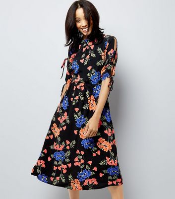 Black Tropical Floral Print Tie Sleeve Midi Dress New Look