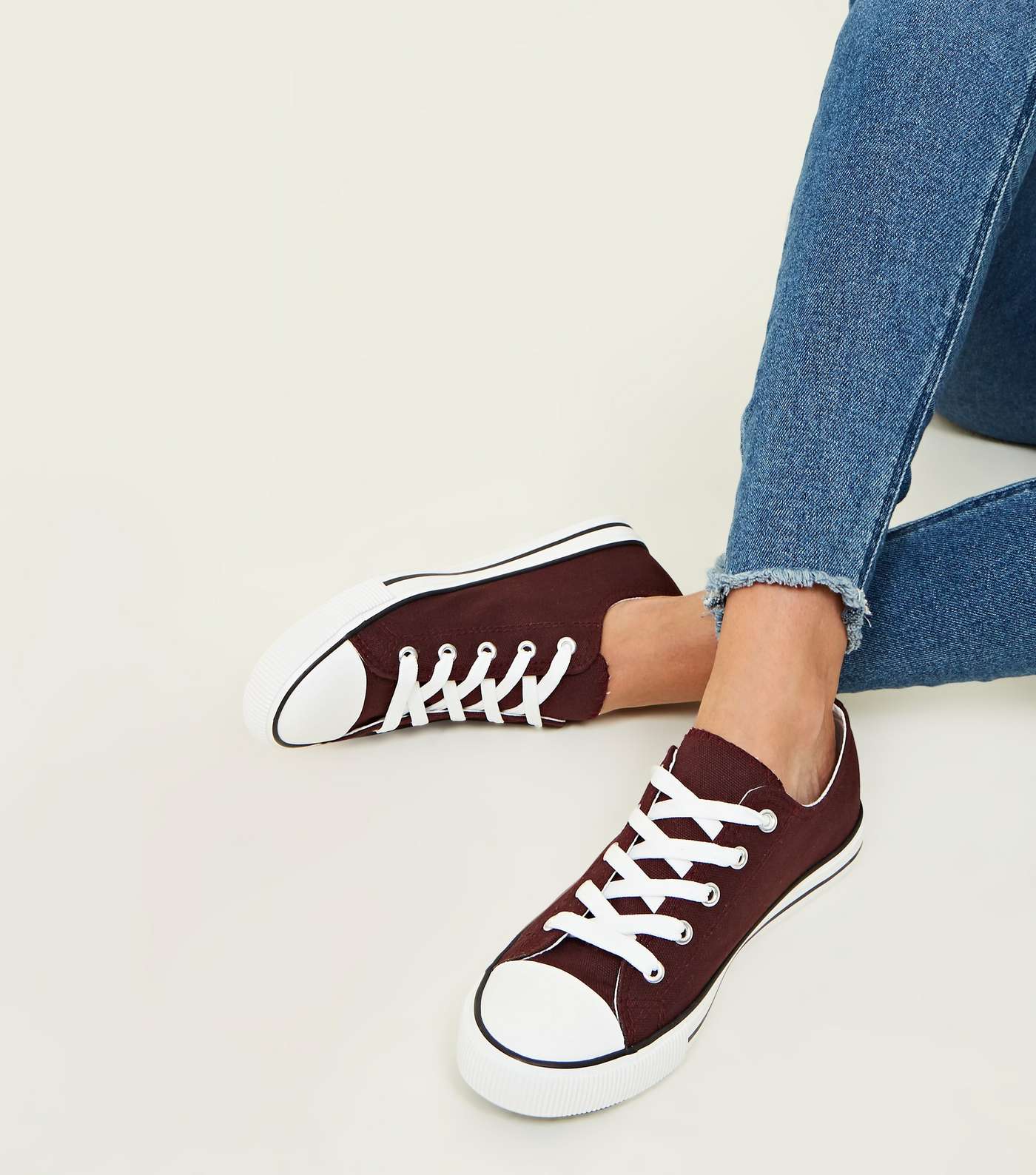 Burgundy Canvas Stripe Sole Trainers Image 2