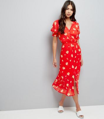new look red floral midi dress