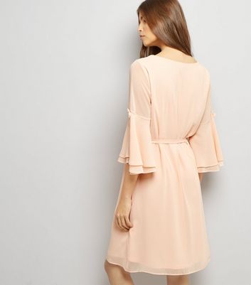 Shell Pink 3/4 Flared Sleeve Tie Waist Tunic Dress New Look