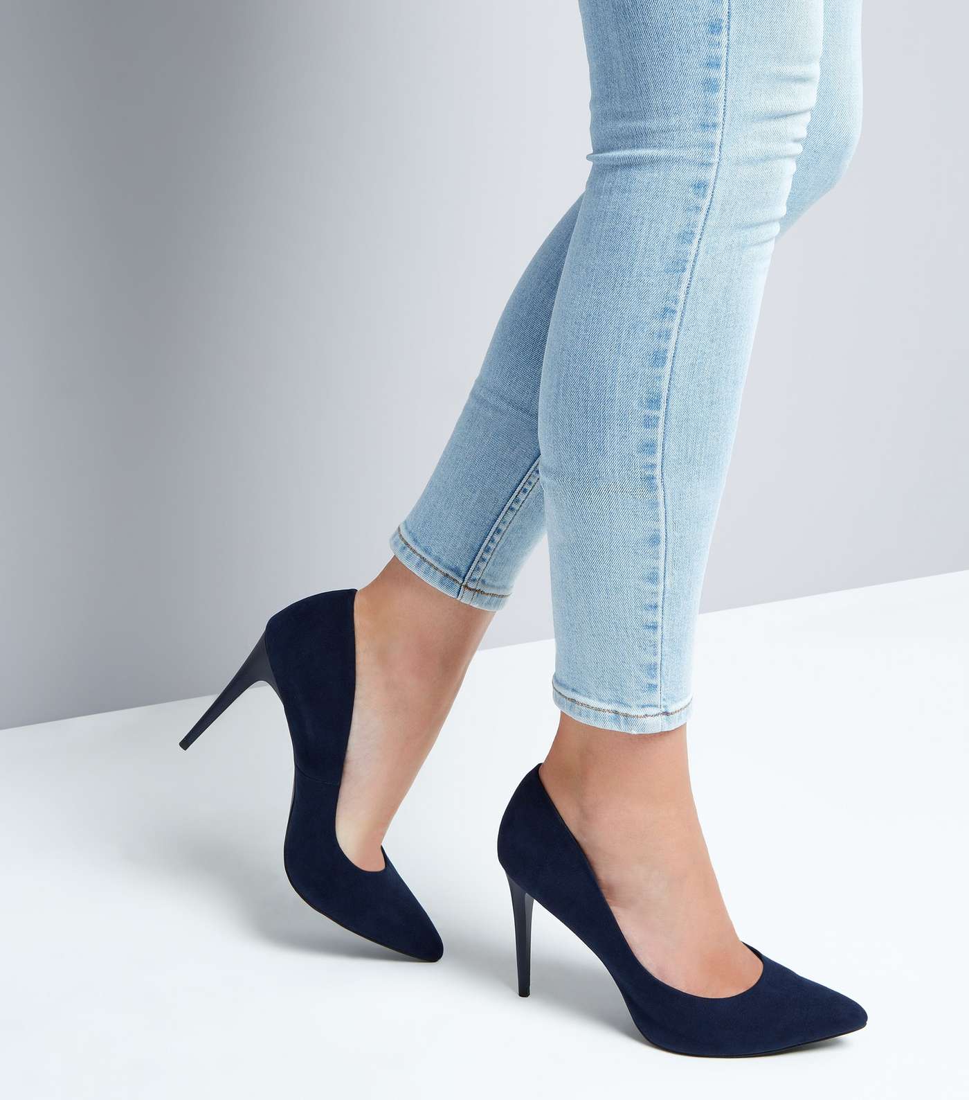 Navy Blue Suedette Pointed Court Shoes Image 2