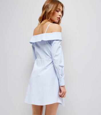 Blue Stripe Cold Shoulder Shirt Dress New Look