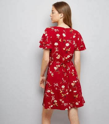 Red Floral Print Wrap Front Dress New Look
