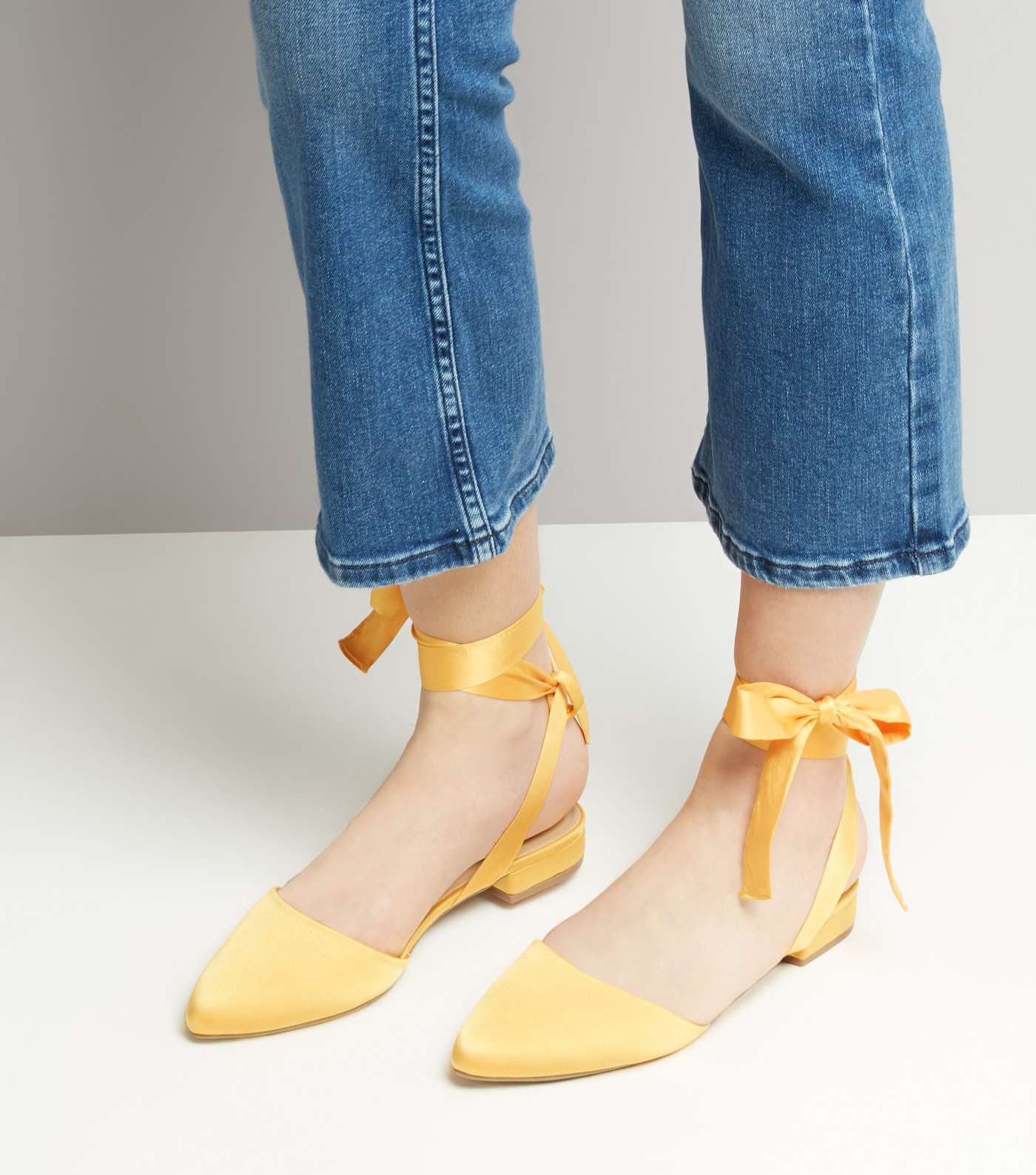 Wide Fit Yellow Satin Ankle Tie Sandals Image 2