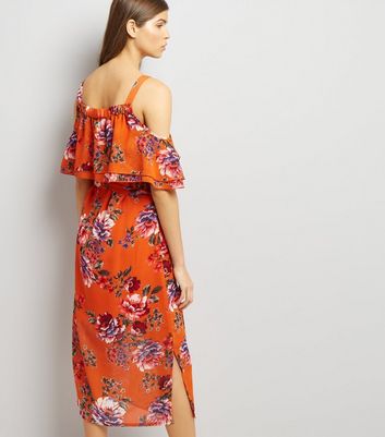 Bright Orange Floral Print Cold Shoulder Midi Dress New Look