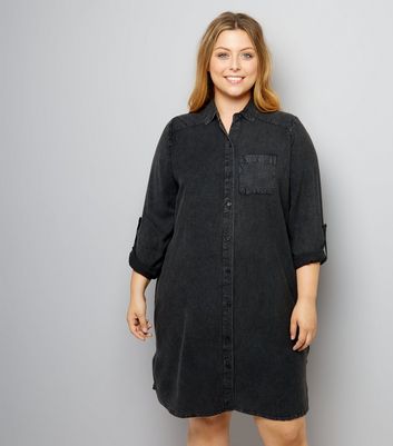 Curves Black Washed Denim Shirt Dress New Look