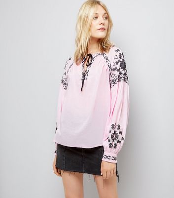 Pink Contrast Embroidered Smock Top 