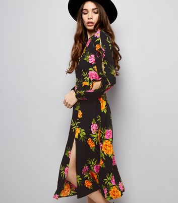 Black Floral Print Tie Sleeve Midi Dress New Look