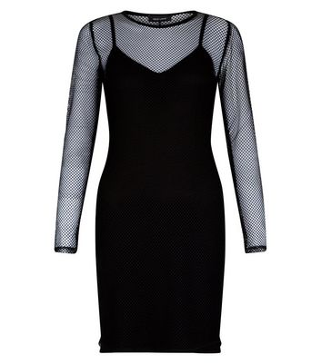 Black Fishnet 2 in 1 Bodycon Dress New Look