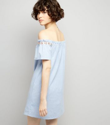 Blue Striped Embroidered Trim Cold Shoulder Dress New Look