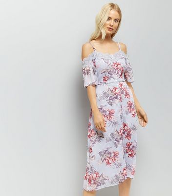Lilac Floral Print Lace Trim Cold Shoulder Midi Dress New Look