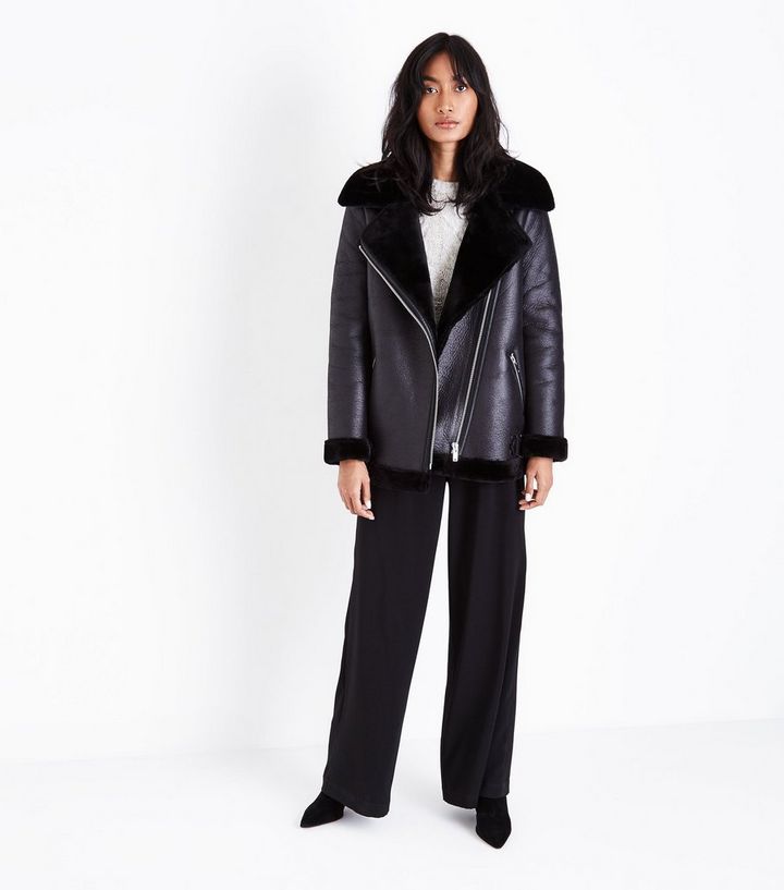 Black Faux Fur Lined Aviator Jacket New Look