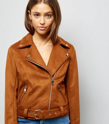 Tan Suedette Biker Jacket New Look