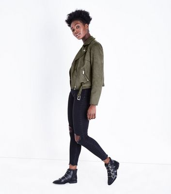 Khaki Suedette Biker Jacket New Look