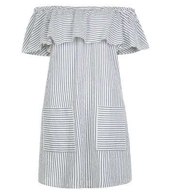 Blue Stripe Frill Trim Bardot Neck Dress New Look