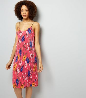 Pink Floral Print Pleated Midi Slip Dress New Look
