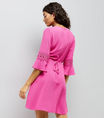 Pink Crochet Bell Sleeve Skater Dress New Look