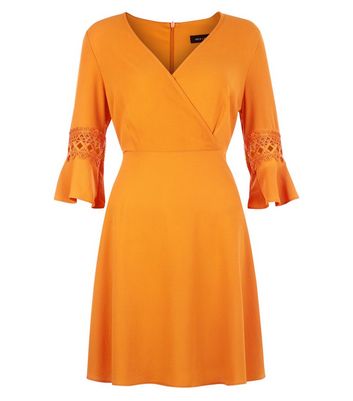 Orange Crochet Bell Sleeve Skater Dress New Look
