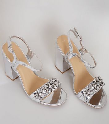 Silver Embellished Block Heel Sandals 
