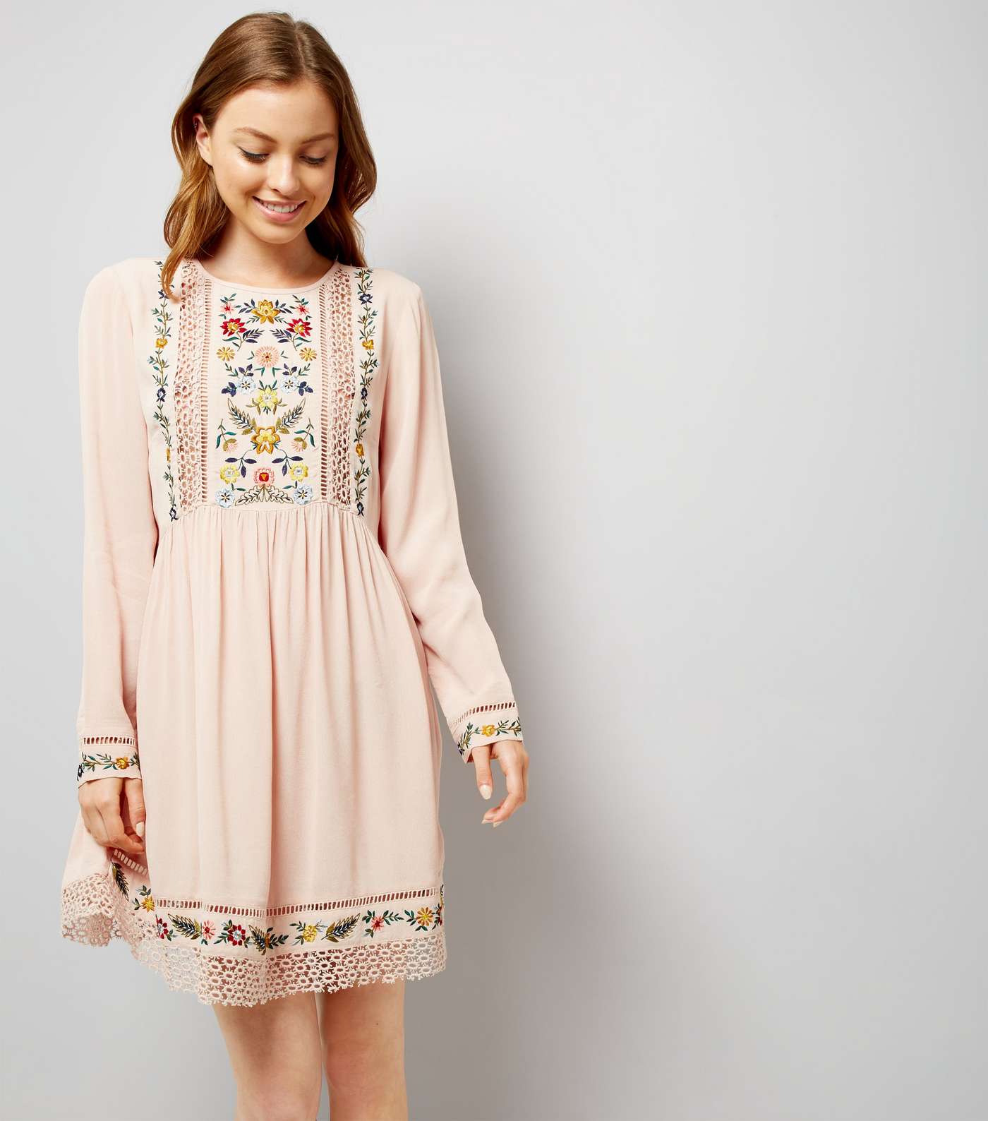 Shell Pink Embroidered Crochet Trim Smock Dress