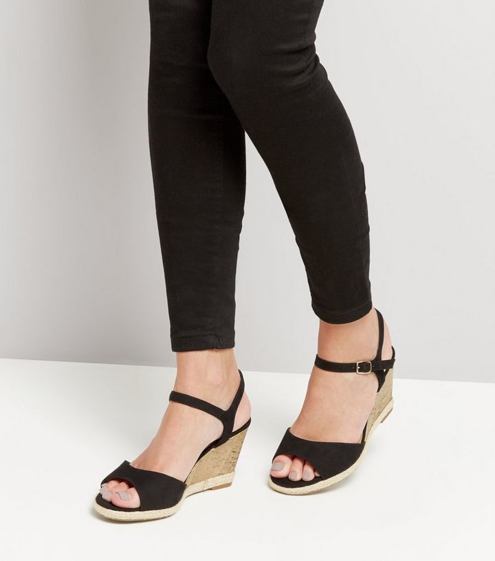 Wide Fit Black Cork Wedge Sandals New Look