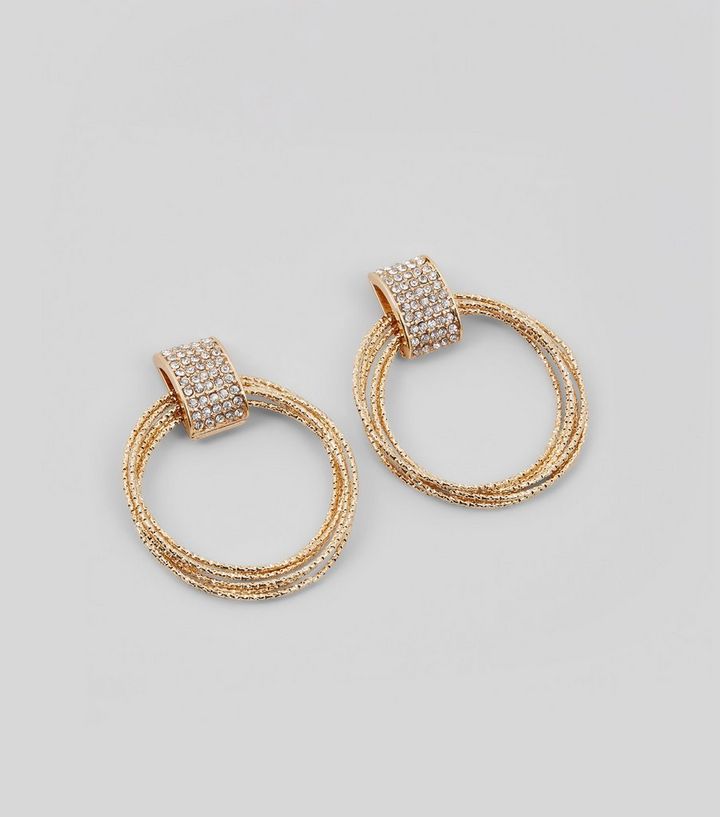 Gold Diamante Door Knocker Hoop Earrings New Look