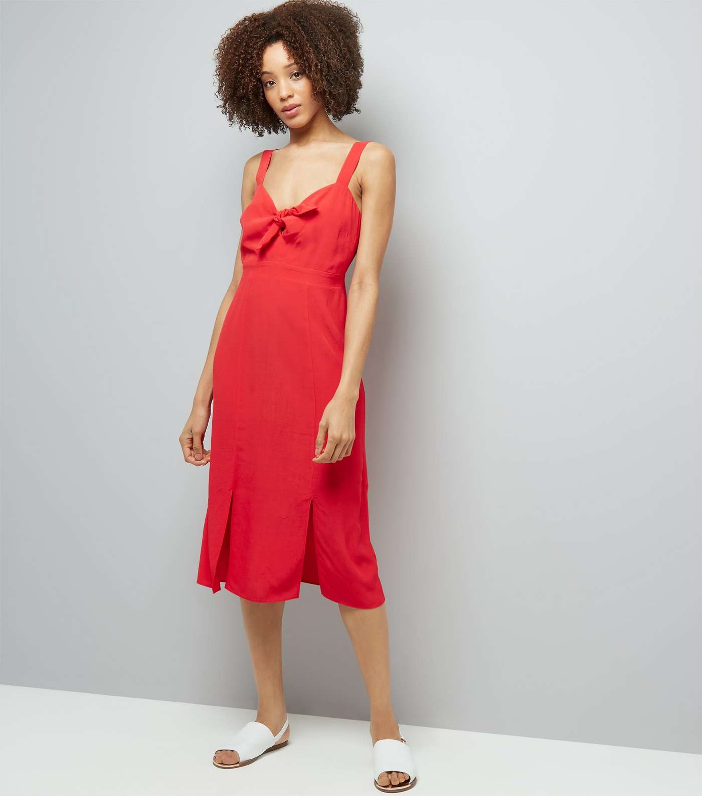 Red Bow Front Split Front Midi Dress Image 2
