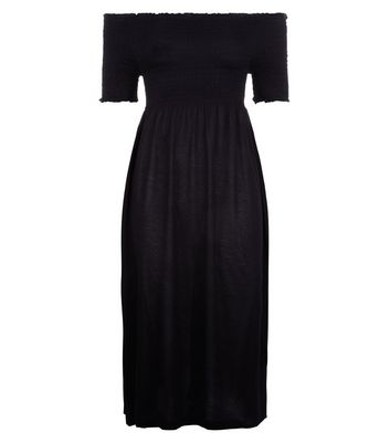 Black Shirred Bardot Neck Midi Dress New Look