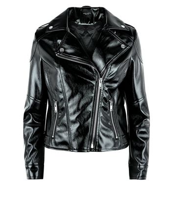 Petite Black High Shine Leather-Look Biker Jacket New Look