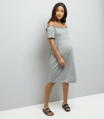 Maternity Grey Shirred Bardot Neck Dress New Look