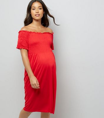 Maternity Red Shirred Bardot Neck Dress New Look