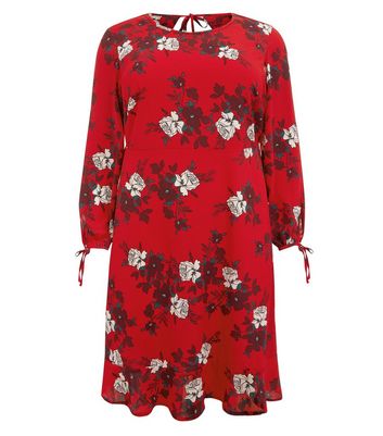 Curves Red Floral Peplum Hem Dress New Look
