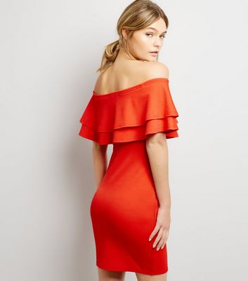 Red Frill Trim Bardot Neck Bodycon Dress New Look