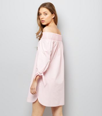 Pink Tie Sleeve Shirred Bardot Neck Dress New Look