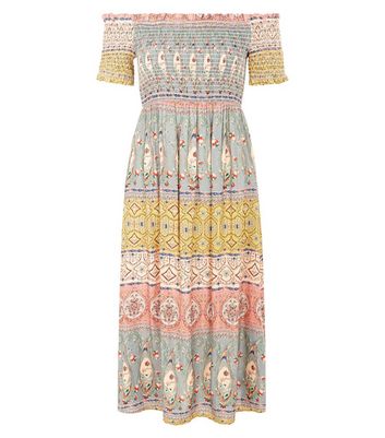 Multicoloured Stripe Shirred Bardot Midi Dress New Look