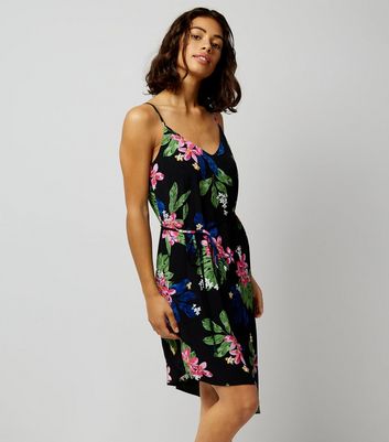 Petite Black Tropical Print Asymmetric Slip Dress New Look