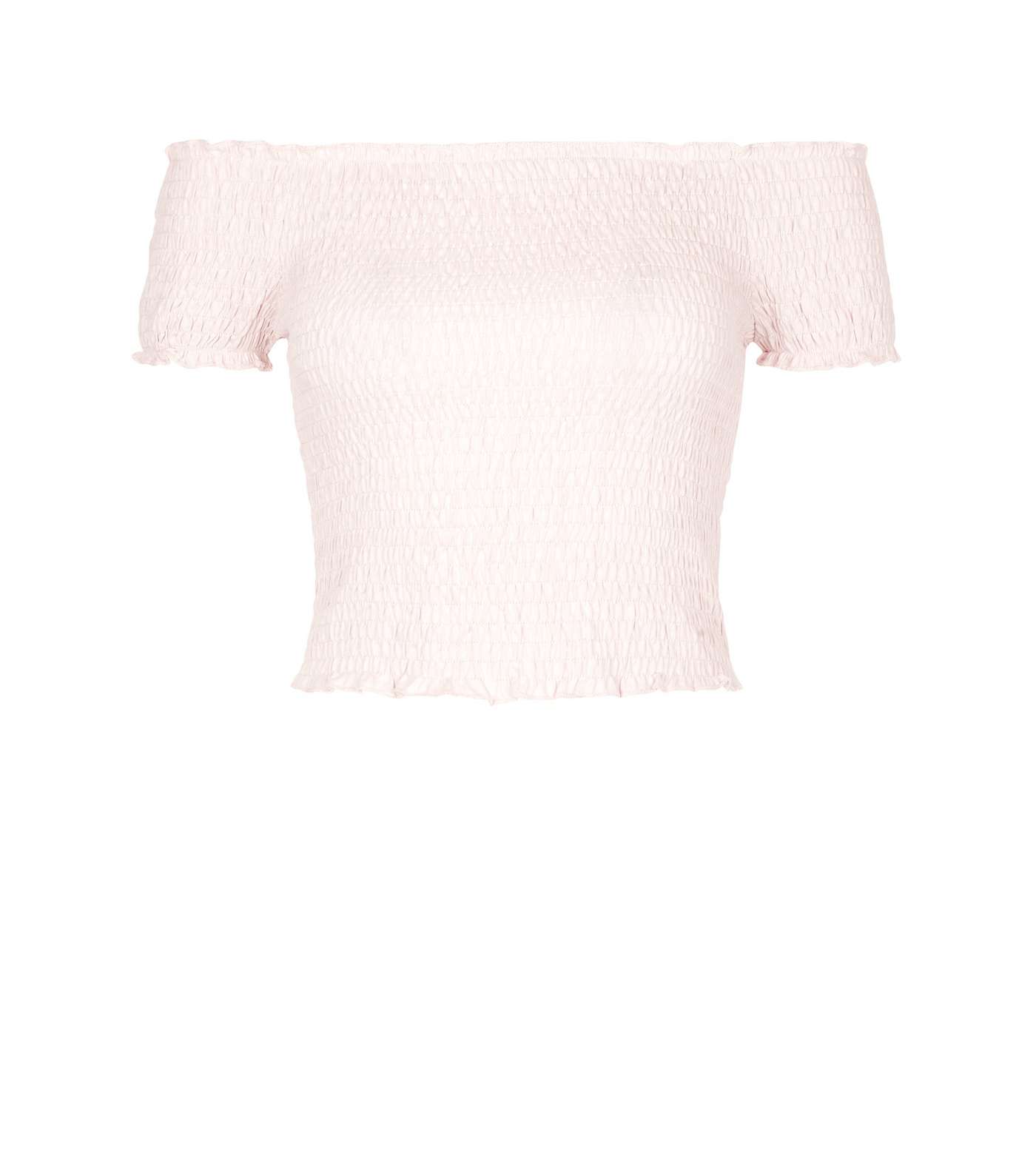 Shell Pink Shirred Bardot Neck Crop Top Image 4