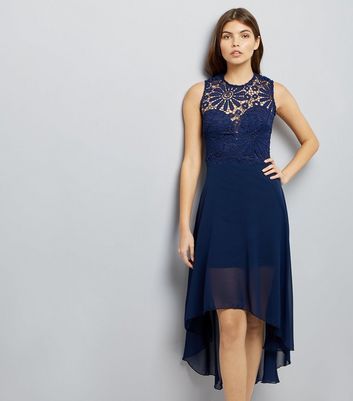 AX Paris Navy Lace Dip Hem Dress New Look