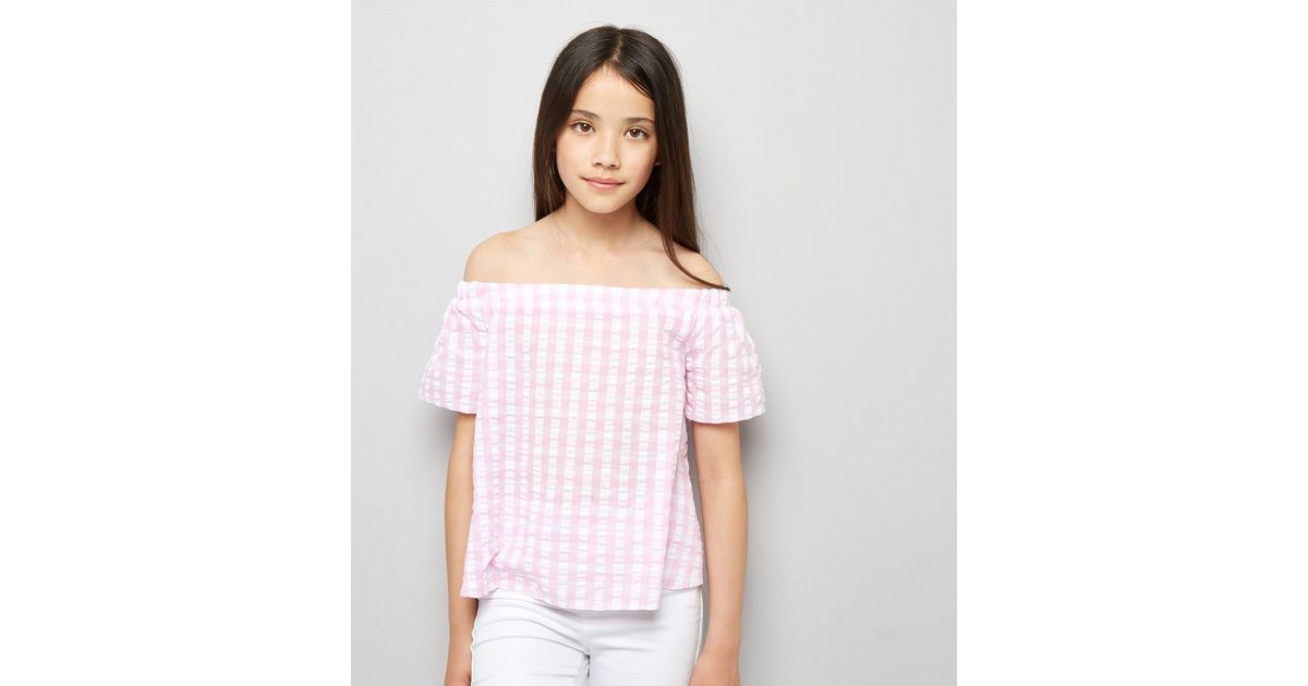 Teens Pink Gingham Seersucker Bardot Neck Top New Look