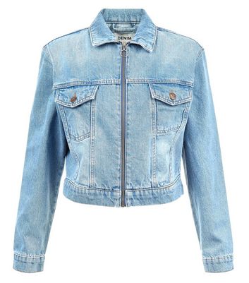 Blue Denim Cropped Zip Front Jacket New Look