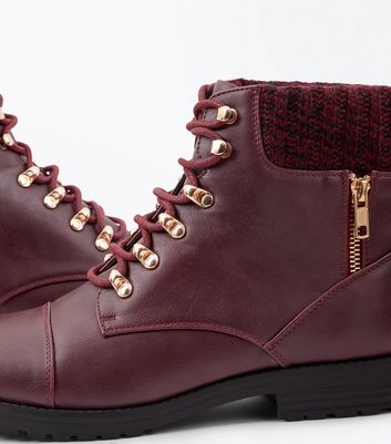 Burgundy Knit Cuff Lace Up Ankle Boots 