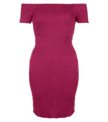 Deep Pink Shirred Bodycon Bardot Neck Dress New Look