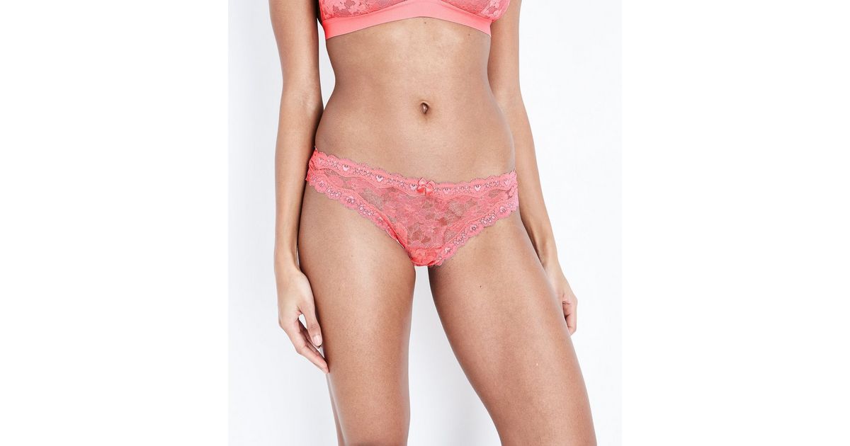 Mid Pink Floral Lace Thong New Look