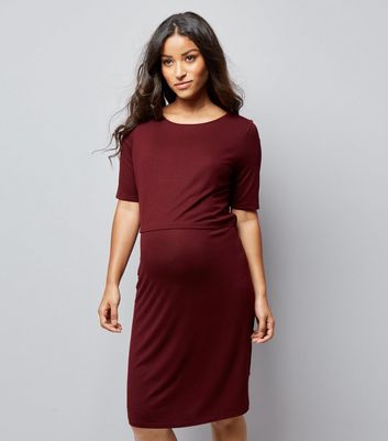 Maternity Burgundy Nursing Layered Midi Dress New Look