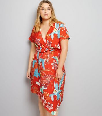 Curves Red Floral Print Hanky Hem Dress New Look