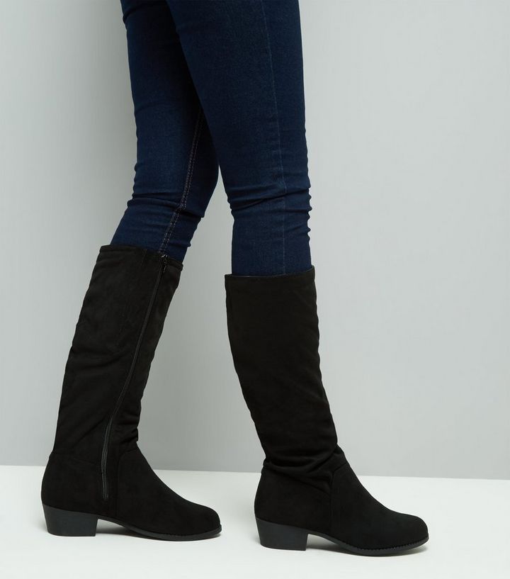 Wide Fit Kniehohe Wildlederimitat Stiefel Mit Weitem Schaft In Schwarz New Look